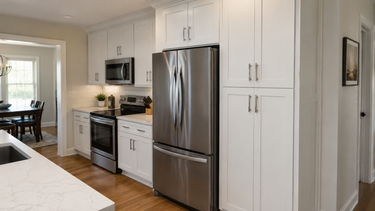 RTA pantry cabinet beside refrigerator in a white shaker kitchen